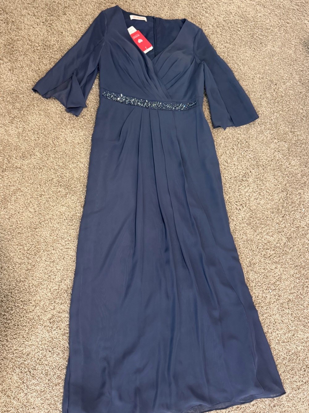 JJs House Navy Blue Chiffon V-Neck Evening Gown with Beaded Waist